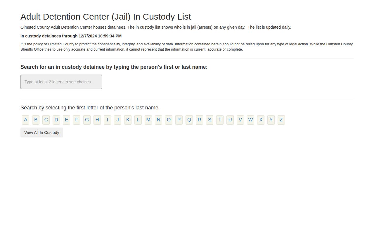 Archived Olmsted County custody interface showing limits of a 72-hour release search