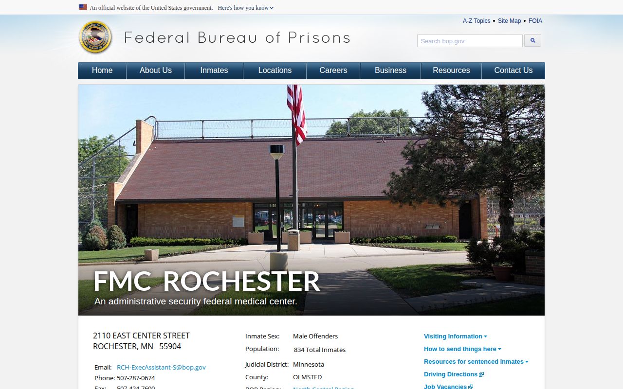 Federal Medical Center Rochester release lookup and BOP facility profile