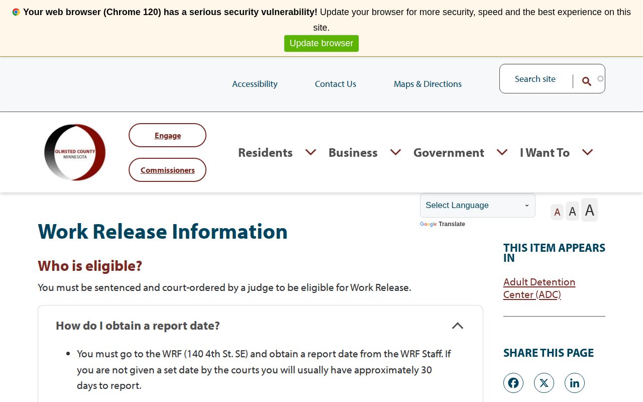Olmsted County Work Release Facility discharge rules and release records