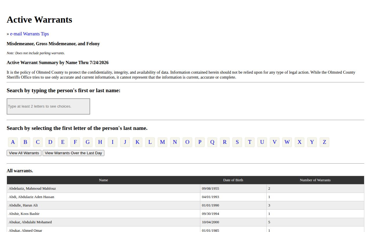 Olmsted County warrant lookup used alongside parole and probation records